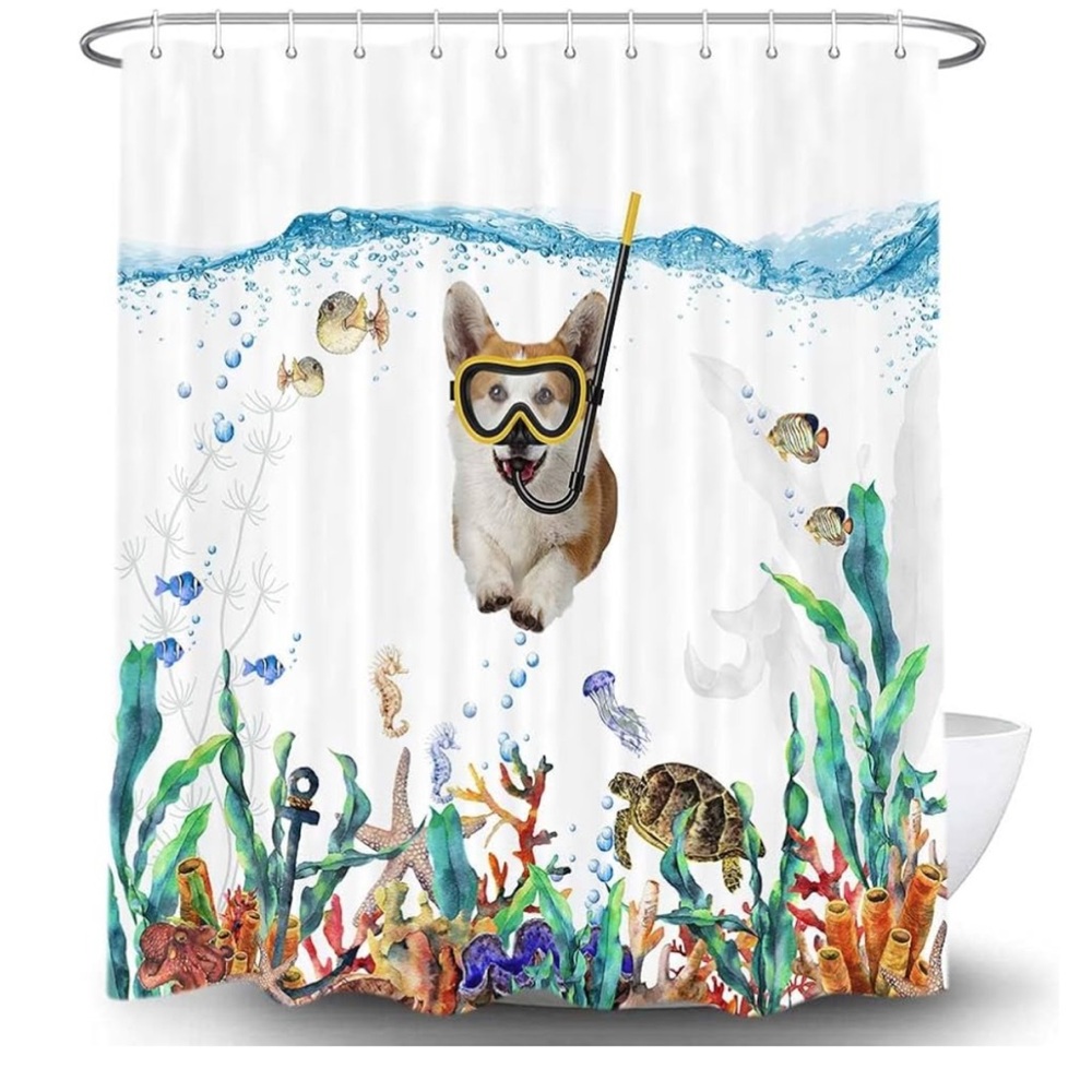 PRACTICALLY BRAND NEW! Uokiuki snorkeling Corgi and tropical fish shower curtain